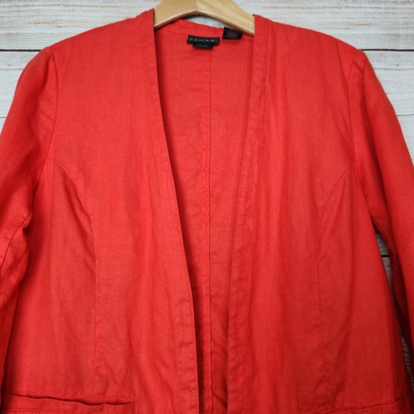 Tahari Womens S 100% Linen Open Front Career Casual Blazer Pockets Redish Orange - Picture 2 of 15